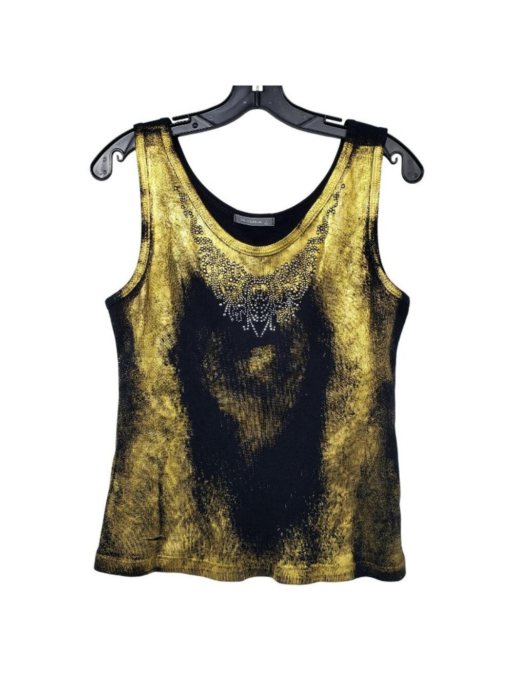 Nally & Millie Y2K Gold Painted Black Ribbed Tank Top Embellished Goth Bling